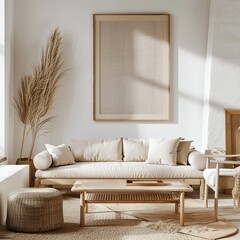 Contemporary living room design featuring a large beige sofa, clean lines, and minimalist decor, complementing the warm tones