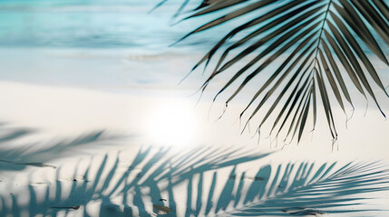 palm leaf shadow on abstract white sand beach background sun lights on water surface beautiful abstract background concept banner for summer vacation at the beach : Generative AI