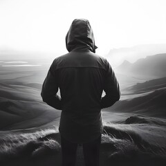 A man in hoodie standing on top of a mountain and looking at a misty landscape Generated by AI