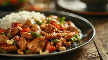 Sizzling Sensation, Kung Pao Chicken Plated Against a Dark Backdrop