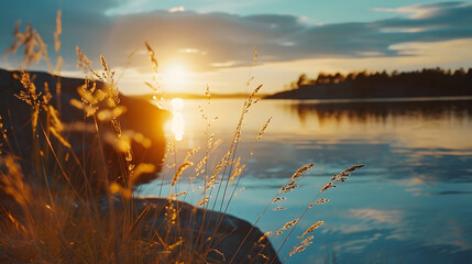 Aufkleber - sunset at coast of the lake Nature landscape Nature in northern Europe reflection blue sky and yellow sunlight landscape during sunset : Generative AI