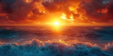 Wall Mural - Fiery Sunset Over Rough Ocean Waves