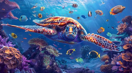 Wall Mural - Sea Turtle in a Vibrant Coral Reef