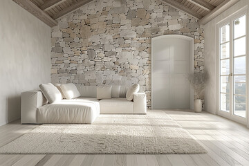 Wall Mural - Rustic Tuscan Farmhouse with Wooden Beams Showcasing Minimalist Aesthetic and Thoughtful Design Choices for Tranquil and Clutter-Free Living