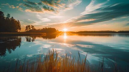 Aufkleber - sunset at coast of the lake Nature landscape Nature in northern Europe reflection blue sky and yellow sunlight landscape during sunset : Generative AI
