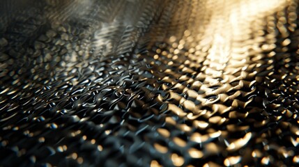 Real macro shot of a brushed metal surface with intricate texture, capturing reflected light in a mesmerizing pattern