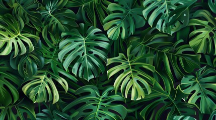 Wall Mural - Abstract background with plants and foliage. Hand-drawn branches, monstera leaves, and palm leaves adorn this green tropical forest wallpaper. Exotic plants background for banner,  wall art.