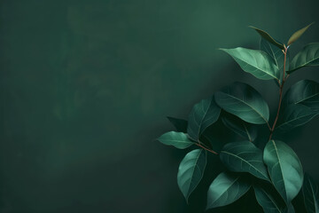 Wall Mural - Branch with green leaves growing on dark green background