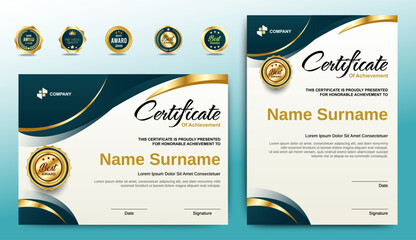 Wall Mural - Certificates of completion template with luxury badge and modern line and shapes. Horizontal certificate For award, business, and education needs. Diploma vector template