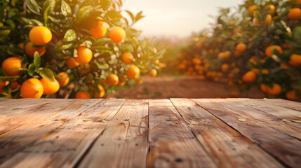 Poster - Empty wood table with free space over orange trees orange field background For product display montage : Generative AI