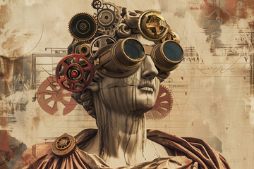 Wall Mural - Collage Greek statue with steampunk accessories like gears and vintage mechanical parts.