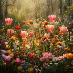 Poster - Vibrant Garden Blooming with Colorful Flowers Symbolizing Spring Renewal