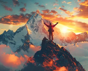 Wall Mural - Mountain Summit Embracing New Beginnings with Stunning Sunset Landscape