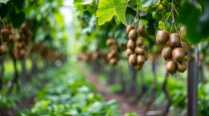 Canvas Print - Lush Kiwi Orchard with Ripe Hanging Fruits Ready for Harvest