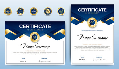 Wall Mural - certificate of appreciation template, gold and blue color. clean modern certificate with gold badge.