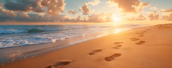 Poster - Serene Sunrise Over Tranquil Beach with Footprints in the Sand Showcasing the Energy of New Beginnings