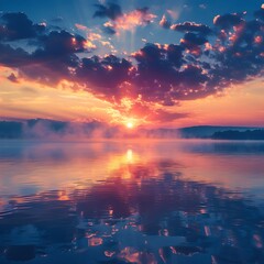 Poster - Vibrant Sunrise Reflection on Peaceful Lake Symbolizing Renewal and Fresh Starts