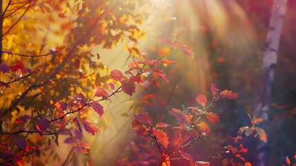 Poster - Autumn forest nature Vivid morning in colorful forest with sun rays through branches of trees Scenery of nature with sunlight : Generative AI
