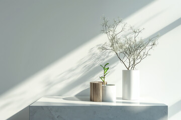 Wall Mural - Sunlight casting shadows of plants in vases on marble surface