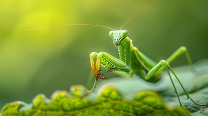 Canvas Print - Vibrant Green Praying Mantis Perched on Leaf Intricate Details Highlighted Against Blurred Background