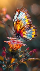 Canvas Print - Colorful Butterfly with Open Wings Basking in Sunlight on Vibrant Flower