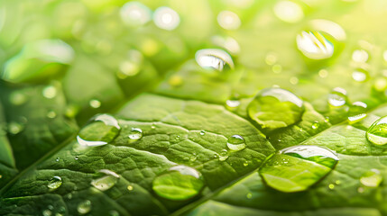 Wall Mural - Large beautiful drops of transparent rain water on a green leaf macro Drops of dew in the morning glow in the sun Beautiful leaf texture in nature Natural background : Generative AI