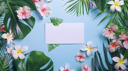 Wall Mural - Creative layout made of flowers and leaves with paper card note Flat lay Nature concept : Generative AI