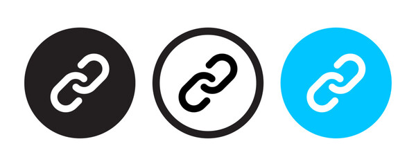 Link or synchronize icon set in simple and stroke style in circle with black and blue color. Chain, link icon vector isolated on circle background. Link icon in circle. Chain logo. Vector illustration
