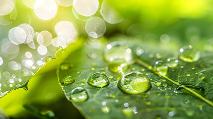 Poster - Large beautiful drops of transparent rain water on a green leaf macro Drops of dew in the morning glow in the sun Beautiful leaf texture in nature Natural background : Generative AI