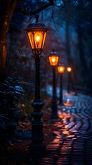 Canvas Print - Glowing Street Lamps Lighting Up a Cobblestone Path in the Misty Nightscape