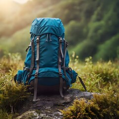 travel backpack on blurred amazing wild nature background Generative AI 