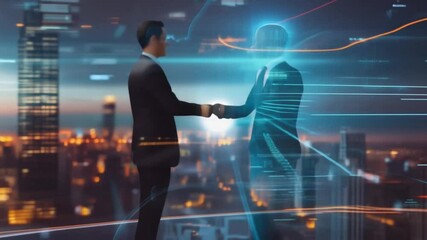 Businessman shaking hands with digital partner. Industrial artificial intelligence