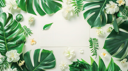 Wall Mural - Creative layout made of flowers and leaves with paper card note Flat lay Nature concept : Generative AI