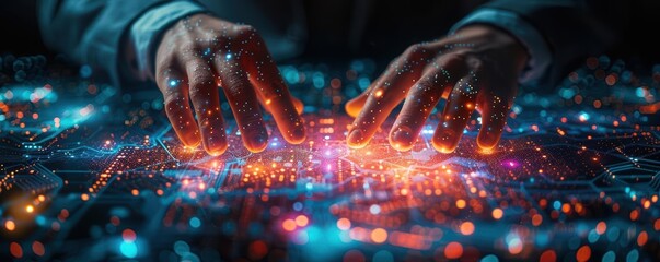 Wall Mural - Close-up of hands interacting with futuristic digital holographic interface, representing sensory technology and data visualization in tech innovation.