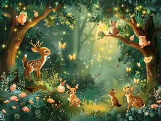 Canvas Print - Enchanted Forest Wonderland with Friendly Animals and Sparkling Fairy Lights