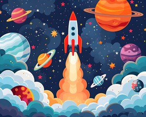 Wall Mural - imaginative rocket launch in a vibrant cosmic landscape