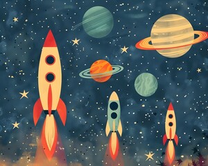 Wall Mural - a whimsical space scene with rockets planets and friendly aliens perfect for inspiring curiosity