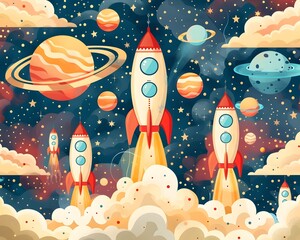 Wall Mural - captivating space scene with rockets planets and friendly aliens inspiring curiosity and wonder abou