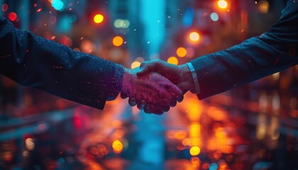 Businessmen shaking hands in a vibrant city street with colorful lights and a blurred background, symbolizing a successful partnership.