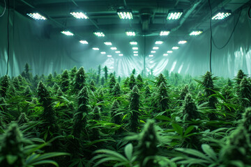 Indoor cannabis farm with rows of green plants under bright grow lights. Represents cultivation, agriculture, and the legal marijuana industry.