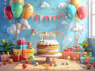 Colorful Birthday Party with Balloons Presents and a Big Cake for Kids