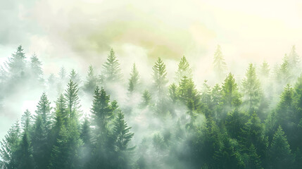 Wall Mural - Misty landscape with fir forest in hipster vintage retro style : Generative AI