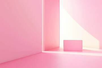 Poster - empty rectangular podium on pink background with sunlight from window