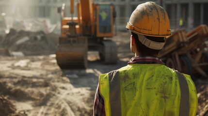 Skilled industrial worker standing and looking at building construction site. Smart civil engineer with safety helmet working and planning house structure while standing surrounded with site. AIG42.