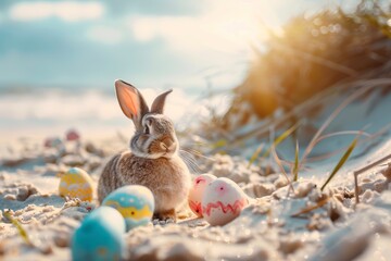 Wall Mural - Cute rabbit toy and colorful painted easter eggs at the beach under sunshine. Shallow depth of field. Concept and idea of happy easter day. copy space, Generative ai