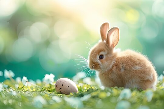 Cute bunny and single easter egg. Concept and idea of happy easter day. copy space, Generative ai