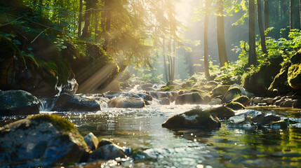 Wall Mural - spring forest nature landscape  beautiful spring stream river rocks in mountain forest : Generative AI