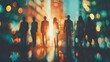 © tashechka - Silhouetted business professionals walk through a city with colorful lights, emphasizing modern urban life and dynamic movement.