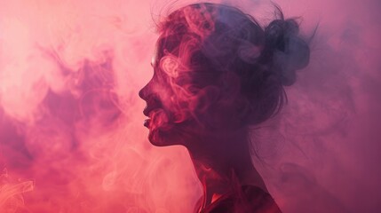 Wall Mural - A side profile silhouette of a woman enveloped in swirling pink and purple smoke, creating a dreamy, ethereal effect.