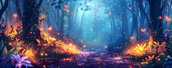 Canvas Print - Whimsical Fantasy Forest with Magical Lights and Talking Animals for Fairy Tale Adventures